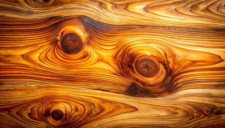 A detailed close-up of a wooden surface with prominent swirling grain patterns and dark, circular knots in warm...の素材
