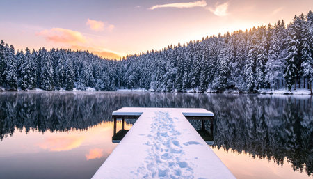 A snow-covered wooden pier extends into a calm lake reflecting a pastel sunrise sky and pine forestの素材