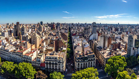 Expansive aerial panorama of a dense city with numerous buildings and lush green trees under a clear blue sky.の素材