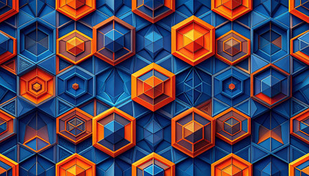 A repeating hexagonal geometric pattern in blue and orange with faceted surfaces and intricate, interlocking shapes.の素材