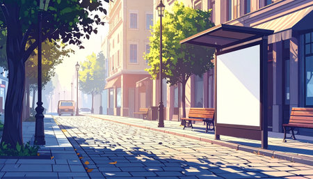 A bright, sunny day scene at a bus stop with a blank billboard and benches on a paved city street.の素材