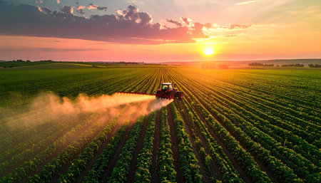 A red tractor sprays a field of green crops under a vibrant sunset sky with golden light.の素材