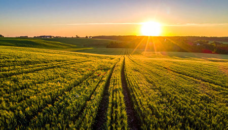 Gentle rolling green fields are bathed in the warm light of a golden sunset with visible tire tracks.の素材
