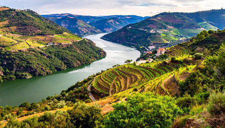 Terraced vineyards cascade down green hillsides alongside a wide river under a bright blue sky with scattered clouds.の素材
