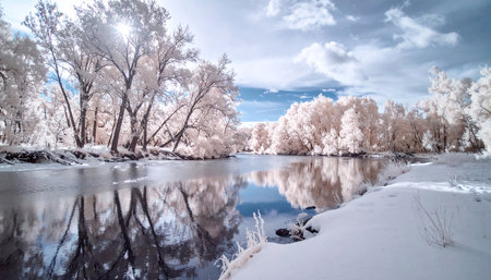 Sunlit infrared winter landscape featuring a river with reflections of white trees under a blue sky.の素材