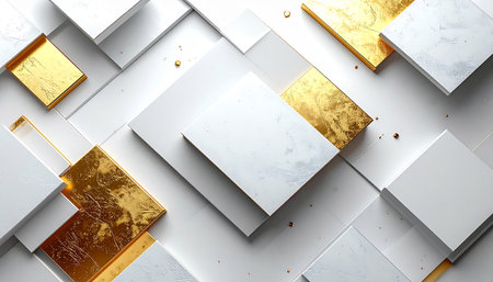 Scattered white and gold textured squares and rectangles with subtle gold flecks create an abstract background.の素材