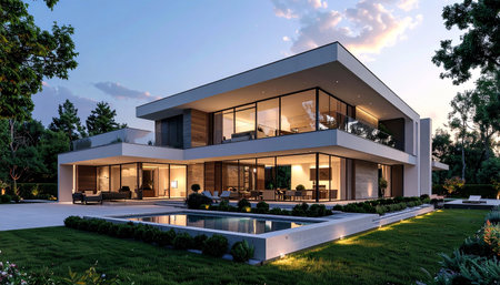 A sleek modern villa with a reflecting pool and lush greenery, illuminated at twilight.の素材