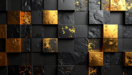 Black showing three- dimensional black and gold cubes with textured surfaces in a grid keywords: abstract,...の素材