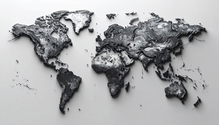 A textured grayscale world map featuring raised continents and subtle shadows against a light background.の素材