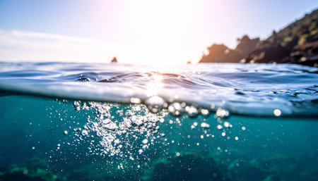 A split shot shows the ocean surface with sunlit waves and rising bubbles below near a rocky coastline.の素材