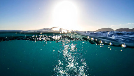 Bubbles ascend from the underwater depths towards the bright, sunlit surface of the ocean.の素材