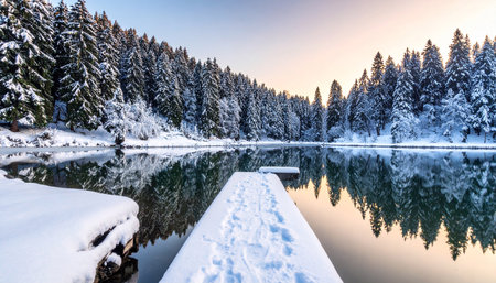 A snow-covered pier extends into a calm winter lake reflecting pine trees and a soft sky.の素材