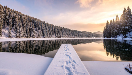 A snow-laden pier with footprints stretches across a frozen lake towards a pine forest at sunrise.の素材