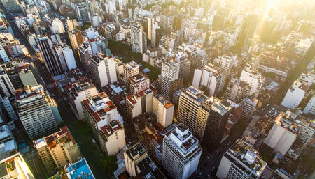 Aerial view of a city bathed in warm golden hour sunlight, highlighting the urban architecture and streets.の素材