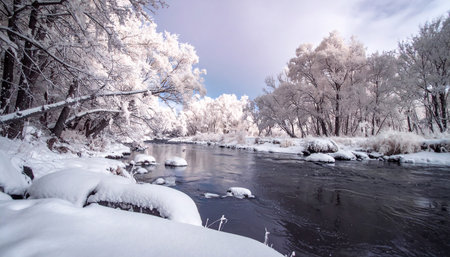 Infrared winter scene of a river with snow covered banks and white trees reflecting in waterの素材