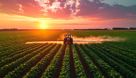 A tractor sprays a green field of crops at sunset, with a sky filled with pink and orange clouds.の素材
