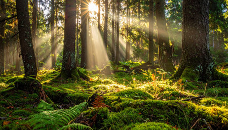 Sun rays stream through a dense forest, illuminating a vibrant green moss and fern-covered floor.の素材