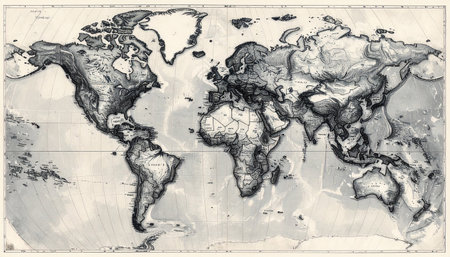 An antique sepia-toned world map with detailed topography and political borders, presented on a light background.の素材