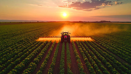 A tractor sprays crops in a vast green field during a vibrant sunset with golden light.の素材