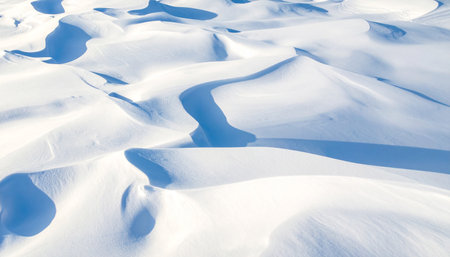 Winding snow drifts with dramatic blue shadows and bright sunlit white peaks create a textured winter scene.の素材