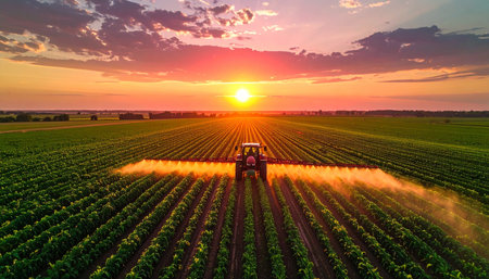 A tractor sprays rows of crops in a field illuminated by the warm orange glow of a setting sun.の素材