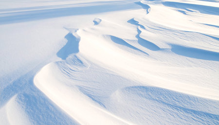 Wind-sculpted snow dunes with sharp blue shadows and a rippled texture illuminated by sunlight.の素材