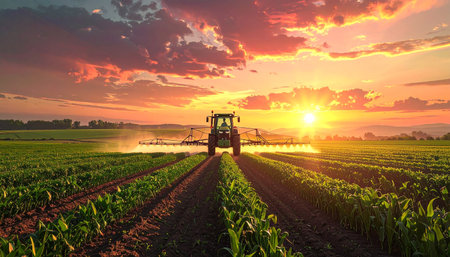 A tractor sprays a green field of crops under a vibrant sunset sky with orange and yellow clouds.の素材