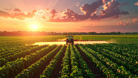 A tractor sprays a green field of crops at sunset, illuminated by golden light with dramatic clouds.の素材
