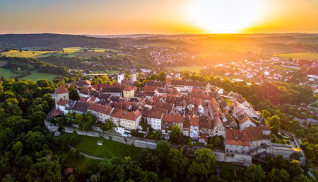 Aerial view of a historic European town with red rooftops at sunset with rolling green hills.の素材