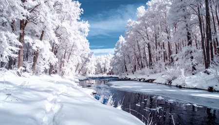 A winter forest scene with a partially frozen river, snow-covered banks, and trees laden with frost.の素材