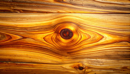 Horizontal wooden planks showing detailed grain patterns and a prominent knot bathed in warm lightの素材