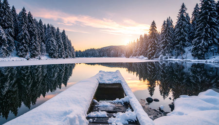 A snow-laden boat dock rests on a calm winter lake, with pine forests and a glowing sunset reflecting in the waterの素材
