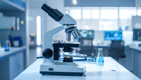 A white laboratory microscope is on a white desk in a bright room with blurred monitors and scientific equipment in...の素材