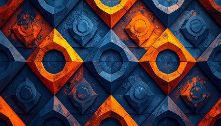 A textured geometric pattern of blue and orange diamonds and circles creates a dimensional abstract background.の素材