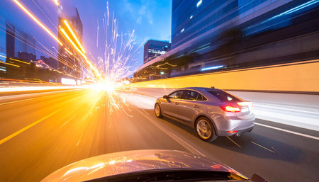 A silver sedan drives on a highway at night, with light streaks and city buildings in the background.の素材