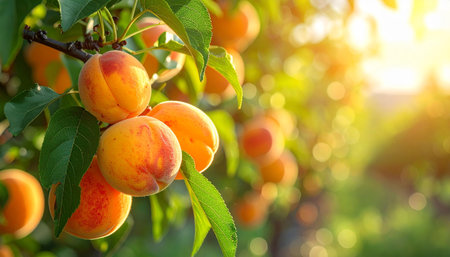 Ripe apricots hang from a tree branch bathed in warm sunlight with a soft bokeh background.の素材