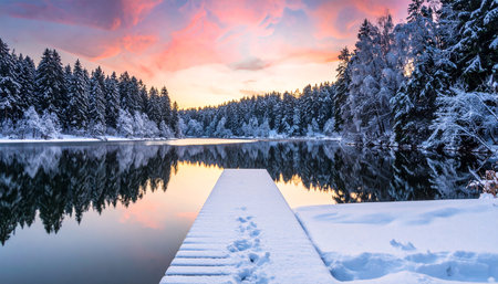 A snow-covered wooden pier leads into a calm lake reflecting a vibrant sunset sky and dense pine forest.の素材