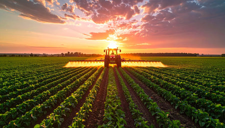 A tractor sprays a green field with a dramatic sunset sky filled with colorful clouds.の素材