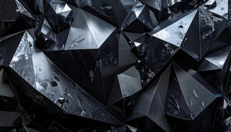 Close-up of dark, sharp-edged crystal facets with reflective surfaces and rough textures.の素材