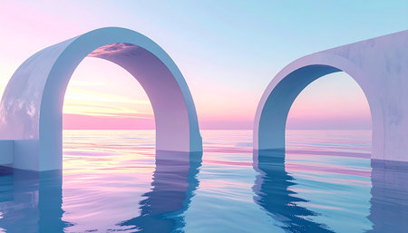 Minimalist arches are partially submerged in calm water, reflecting a pastel sunset.の素材