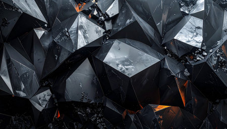 An abstract dark crystal cluster featuring a fiery orange glow and sharp geometric edges.の素材