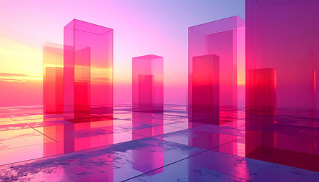 Abstract pink and purple geometric forms are displayed on a wet, reflective surface during a sunset.の素材