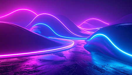 Abstract digital landscape featuring smooth, wavy hills illuminated by glowing blue and pink neon lines.の素材