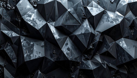 A close-up of a dark, irregularly faceted geometric surface with rough textures and strong shadows.の素材
