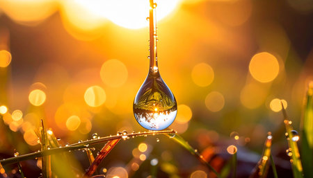 An elongated dewdrop hangs from a grass stem, reflecting the golden sunrise and bokeh.の素材