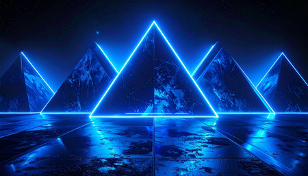 Blue neon triangles illuminate dark, textured pyramid-like structures on a wet, reflective floor.の素材