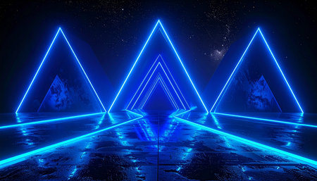 A pathway of blue neon triangles leads into darkness, with stars visible in the distant sky.の素材