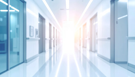 A bright hospital corridor with intense light emanating from the far end and a highly reflective floor.の素材