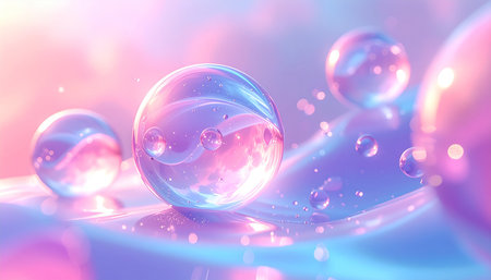 Close-up of translucent bubbles with internal reflections on a wavy pink and blue liquid surface.の素材