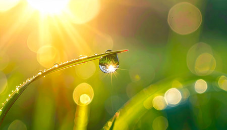A single, perfectly round dewdrop rests on a curved blade of grass, mirroring the sun's bright rays.の素材